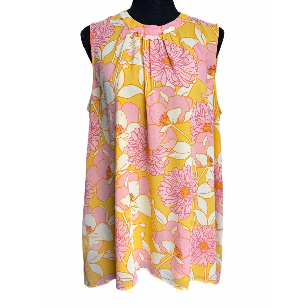 DR2 Sleeveless Floral Blouse Yellow Pink Pleated High Neck Top Large DR21599PG1